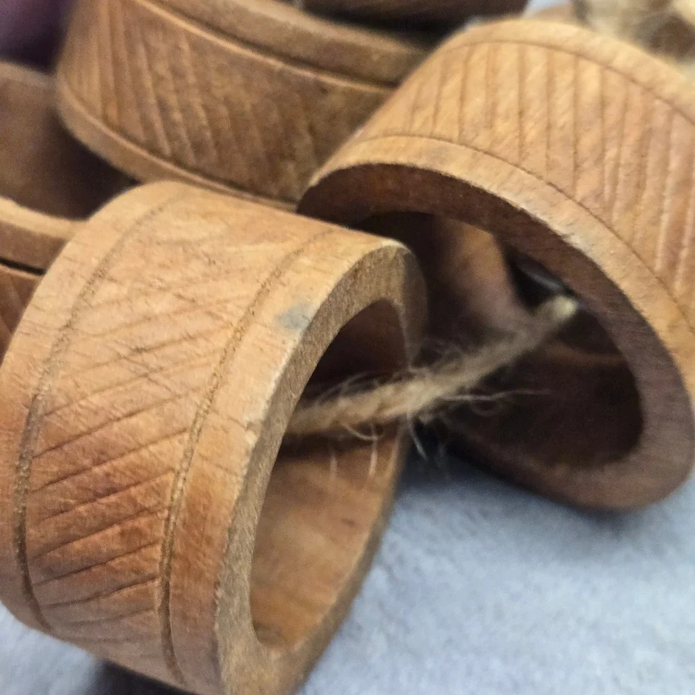 Vintage Wooden Napkin Rings Set of 6 Hand Carved Etched Diagonal Pattern Brown